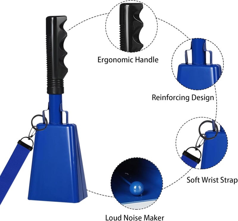 HEYLEAYAR 10Inch Cowbells with Handle for Sporting Events, 2Pcs Large Cow Bells with Wrist Straps, Loud Noise Makers for Cheering Football Games Spirit Marathon Weddings Party Noisemakers, Blue - Image 3